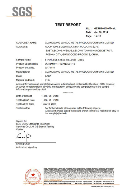 China (GuangDong)Foshan Winsco Metal Products Co., Ltd. certificaten