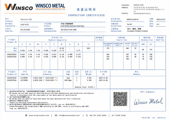 China (GuangDong)Foshan Winsco Metal Products Co., Ltd. certificaten