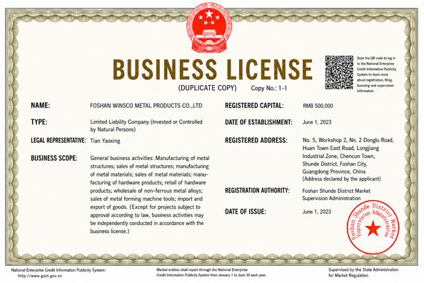 China (GuangDong)Foshan Winsco Metal Products Co., Ltd. certificaten